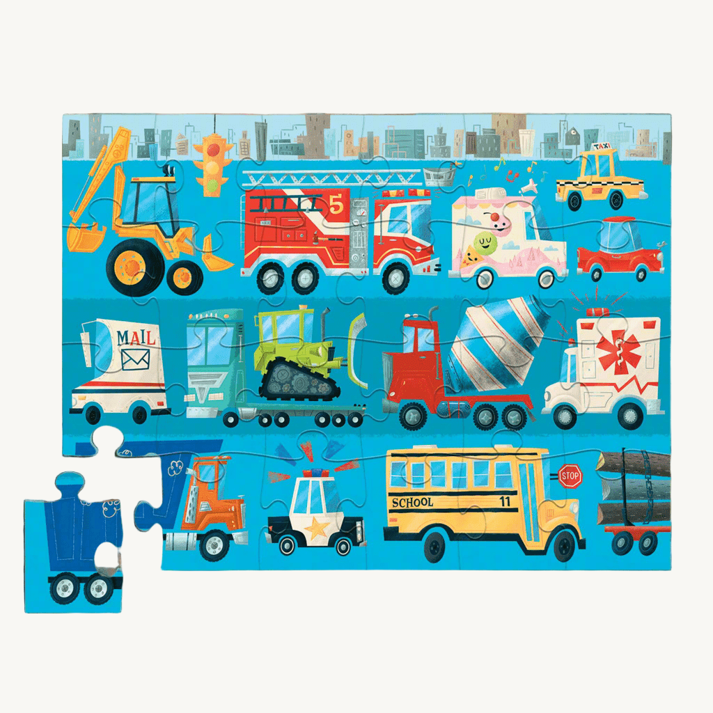 Children's puzzle with various vehicles on a blue background