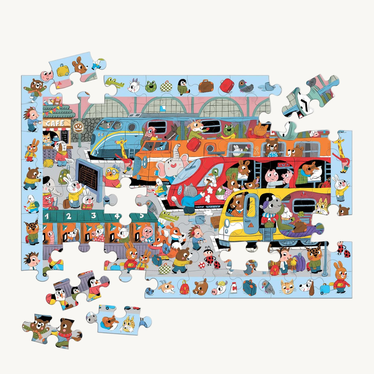 Children's puzzle with cartoon characters and vehicles on a white background
