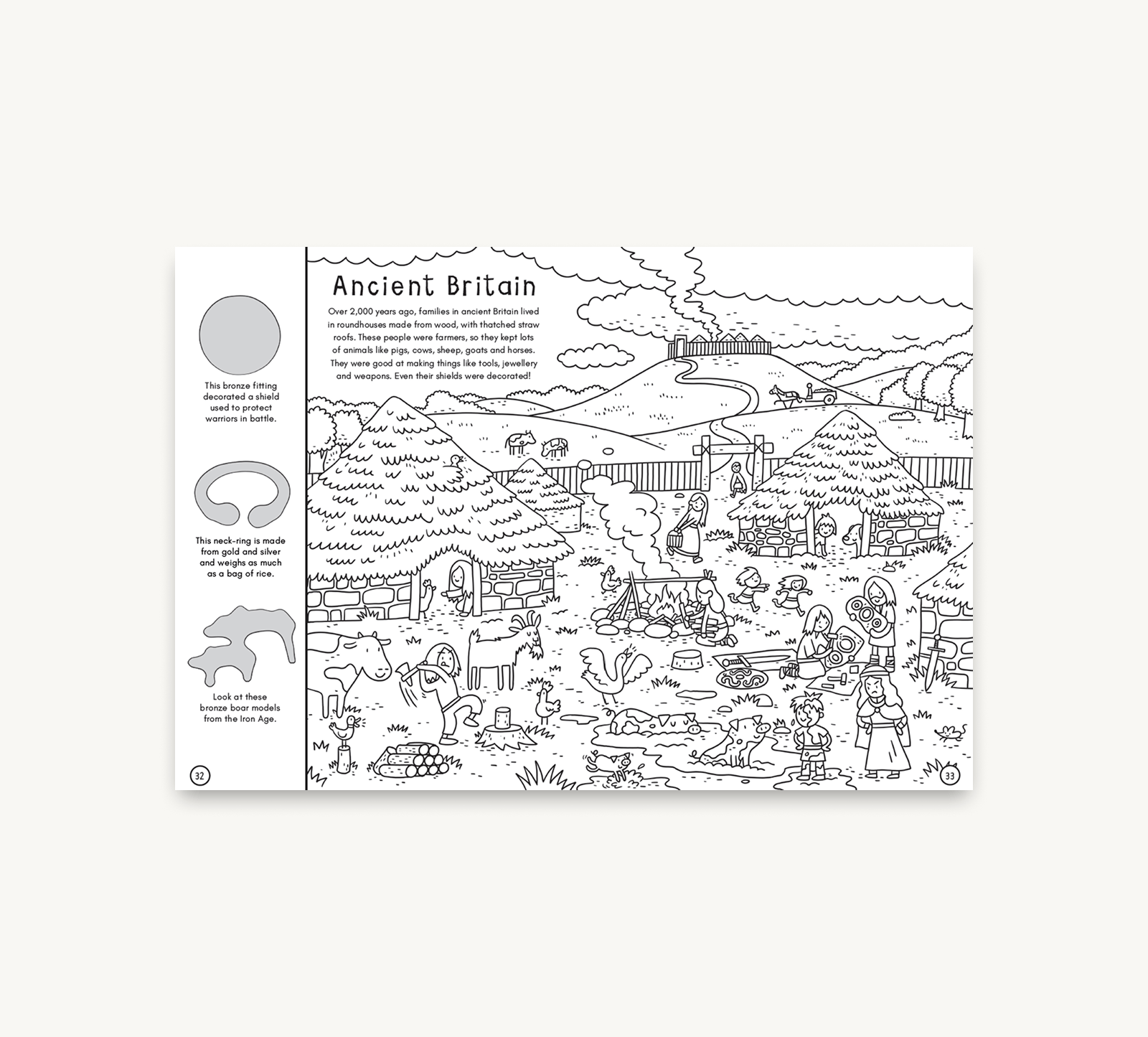 Black and white illustration of a prehistoric scene with text on a white background