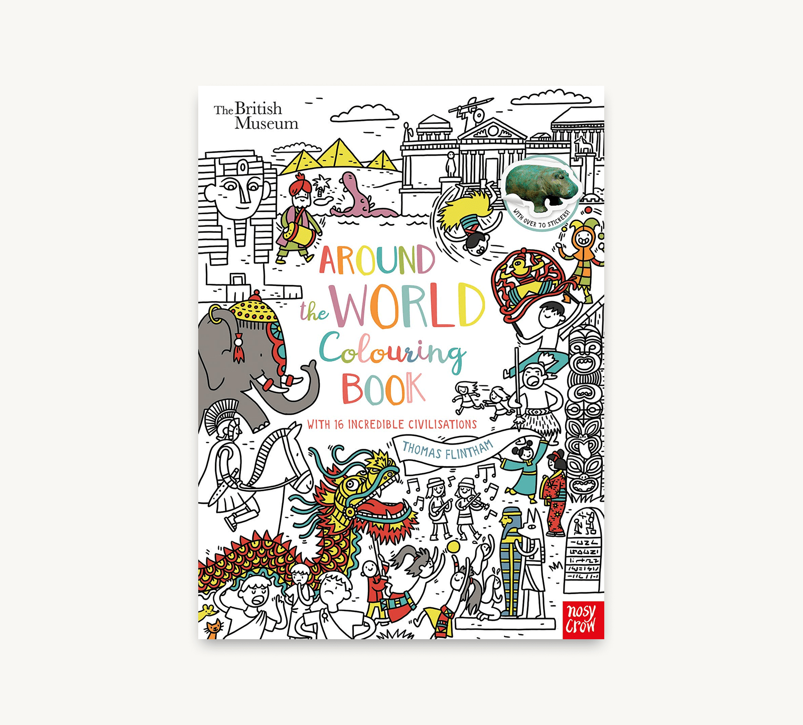 Coloring book cover with illustrations of various cultures and landmarks, featuring the British Museum logo.