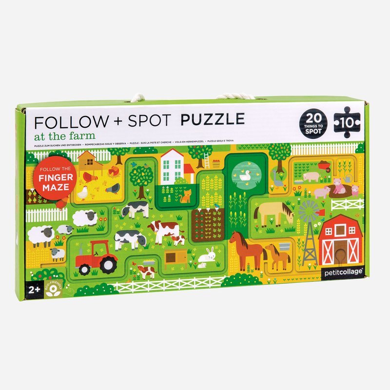 Puzzle box for 'Follow + Spot Puzzle at the Farm' by Petit Collage on a white background