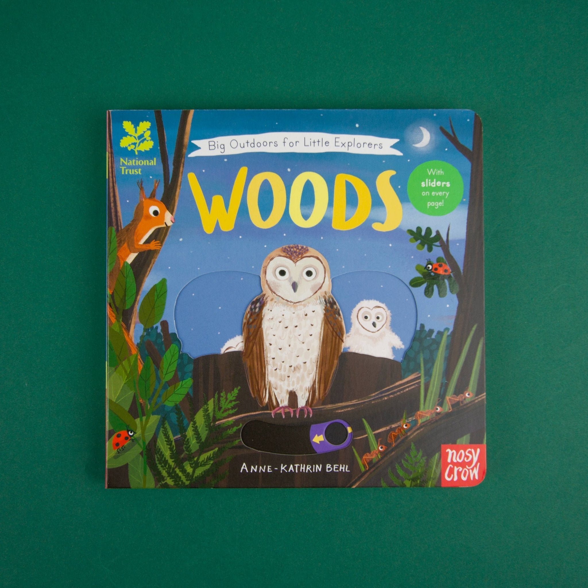 Children's book titled 'Woods' with illustrations of an owl and nature on a green background
