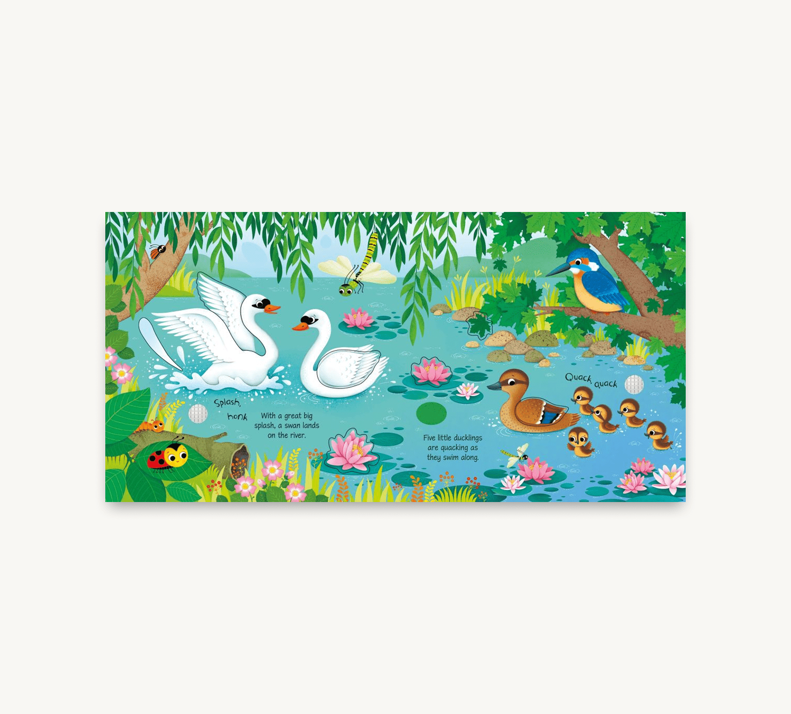 Illustration of swans and ducks in a pond with plants and flowers.