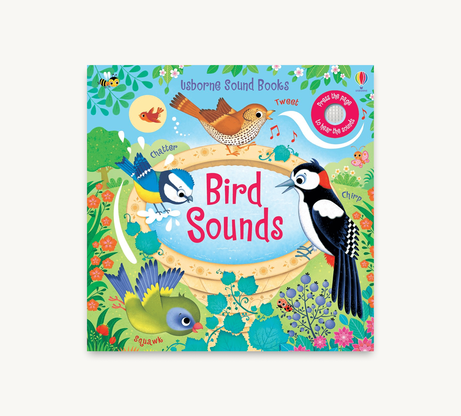 Book cover of 'Bird Sounds' with colorful illustrations of birds and a sound button on a white background.