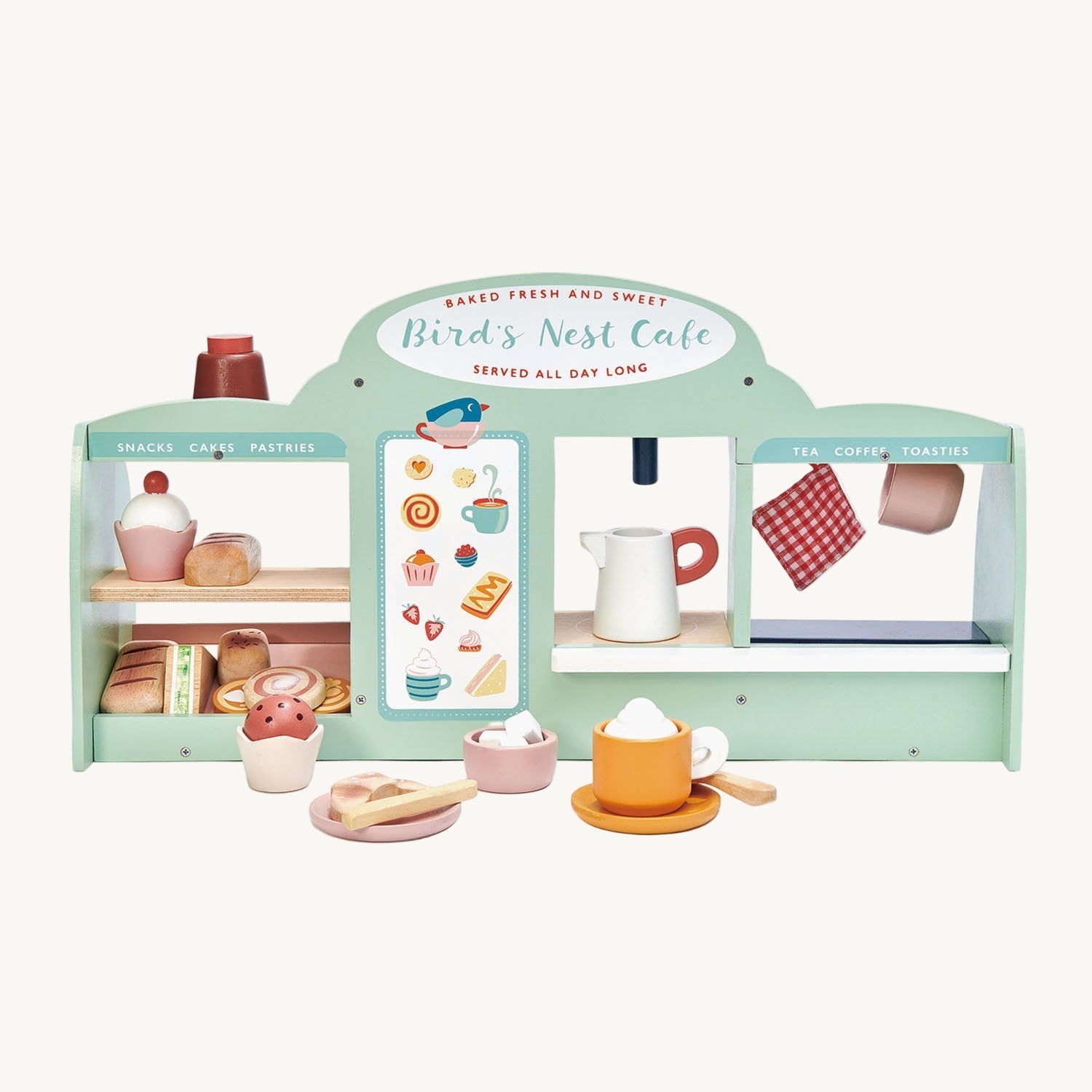 Toy bakery set with shelves and a sign reading 'Bird's Nest Cafe' on a white background.