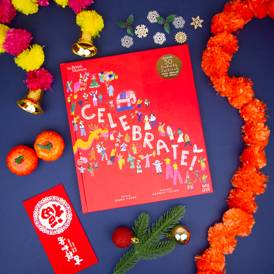 Red book titled 'Celebrate!' with festive decorations on a blue background