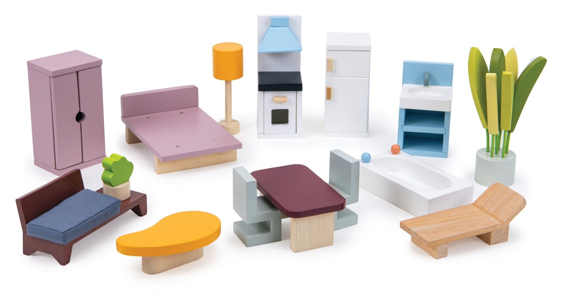 Set of toy furniture pieces on a white background