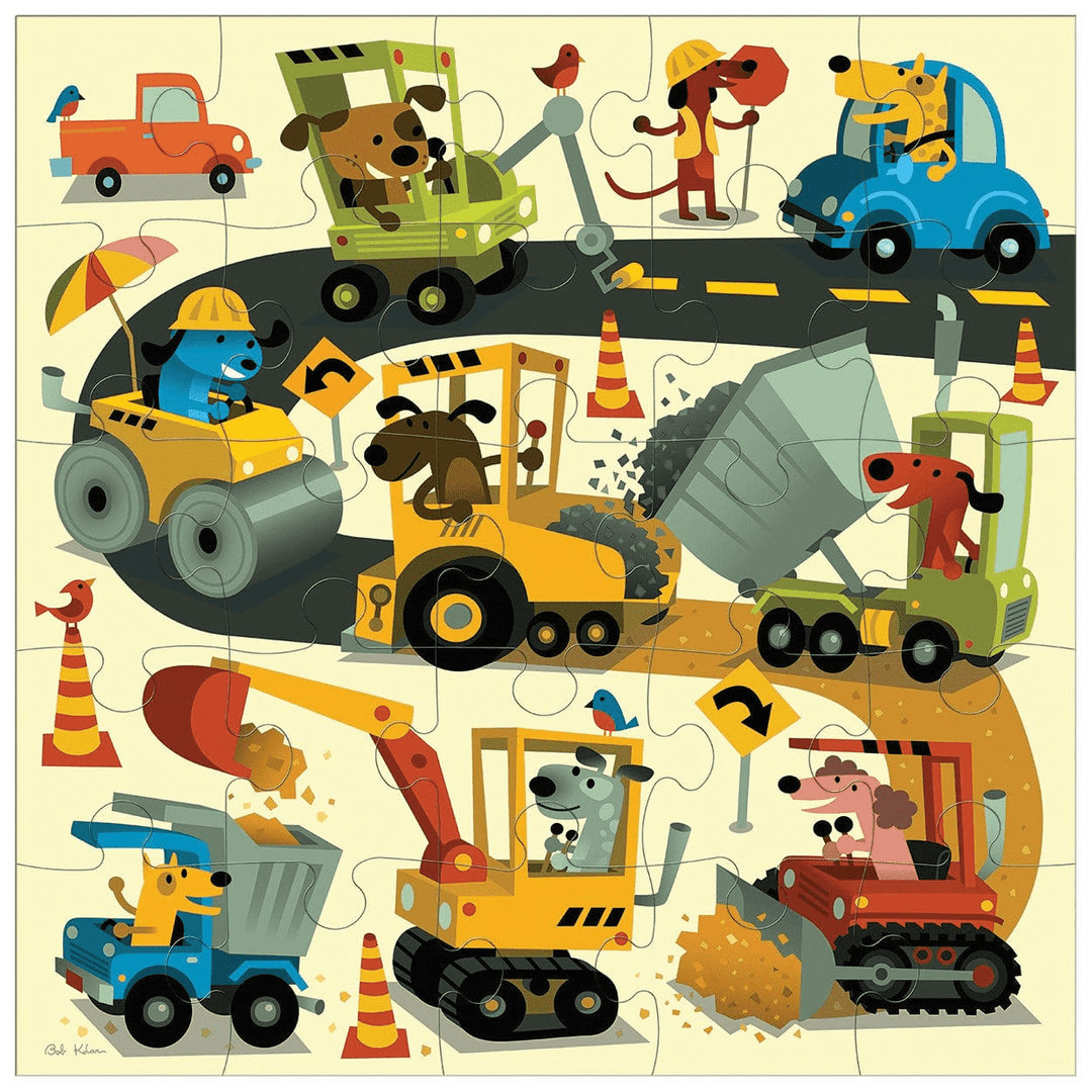Children's puzzle with cartoon animals operating construction vehicles on a road.