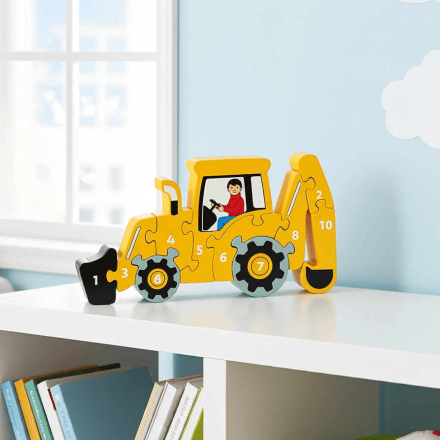 Yellow excavator-shaped puzzle on a shelf with books and a toy in a room.