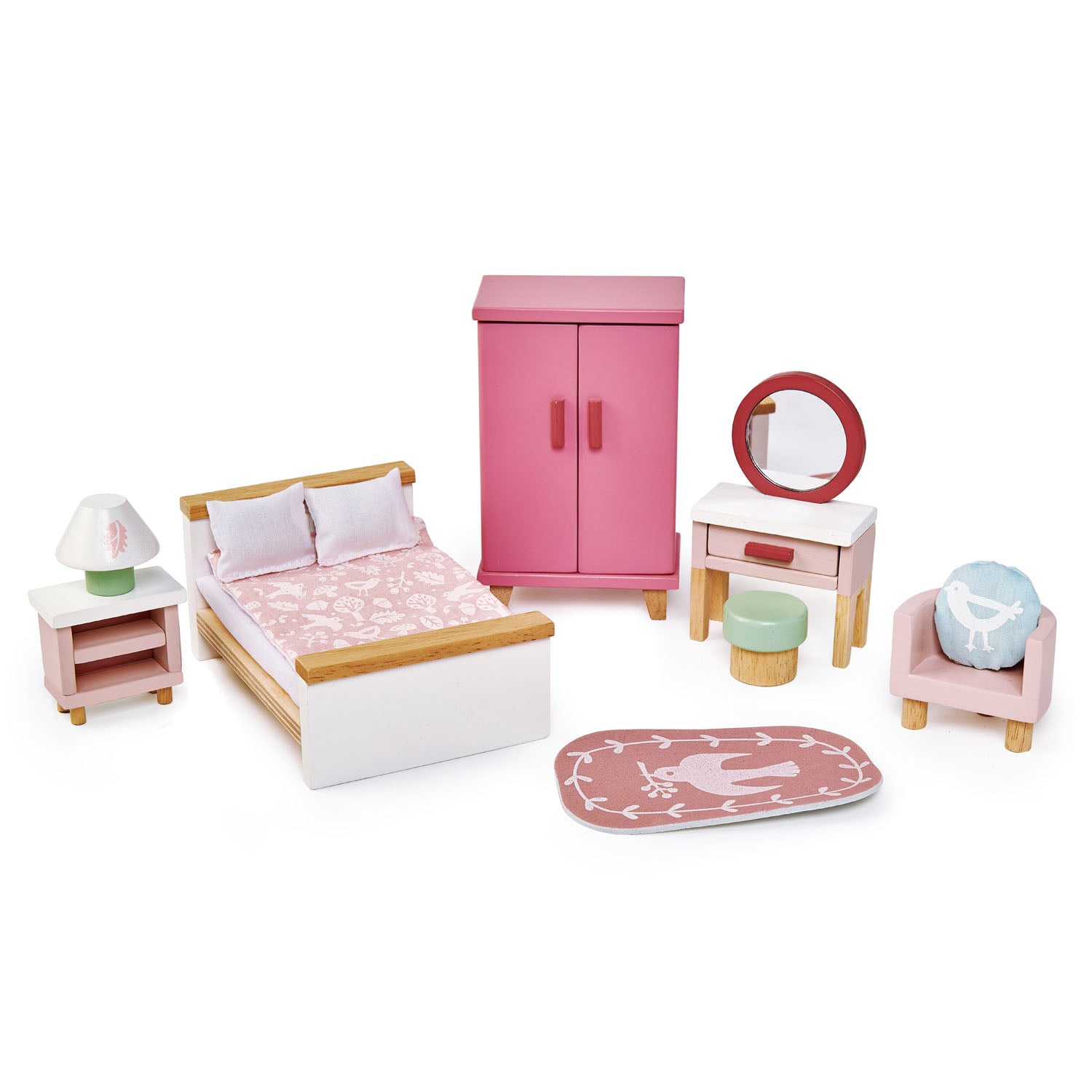 Set of children's bedroom furniture including a bed, wardrobe, and dresser on a white background