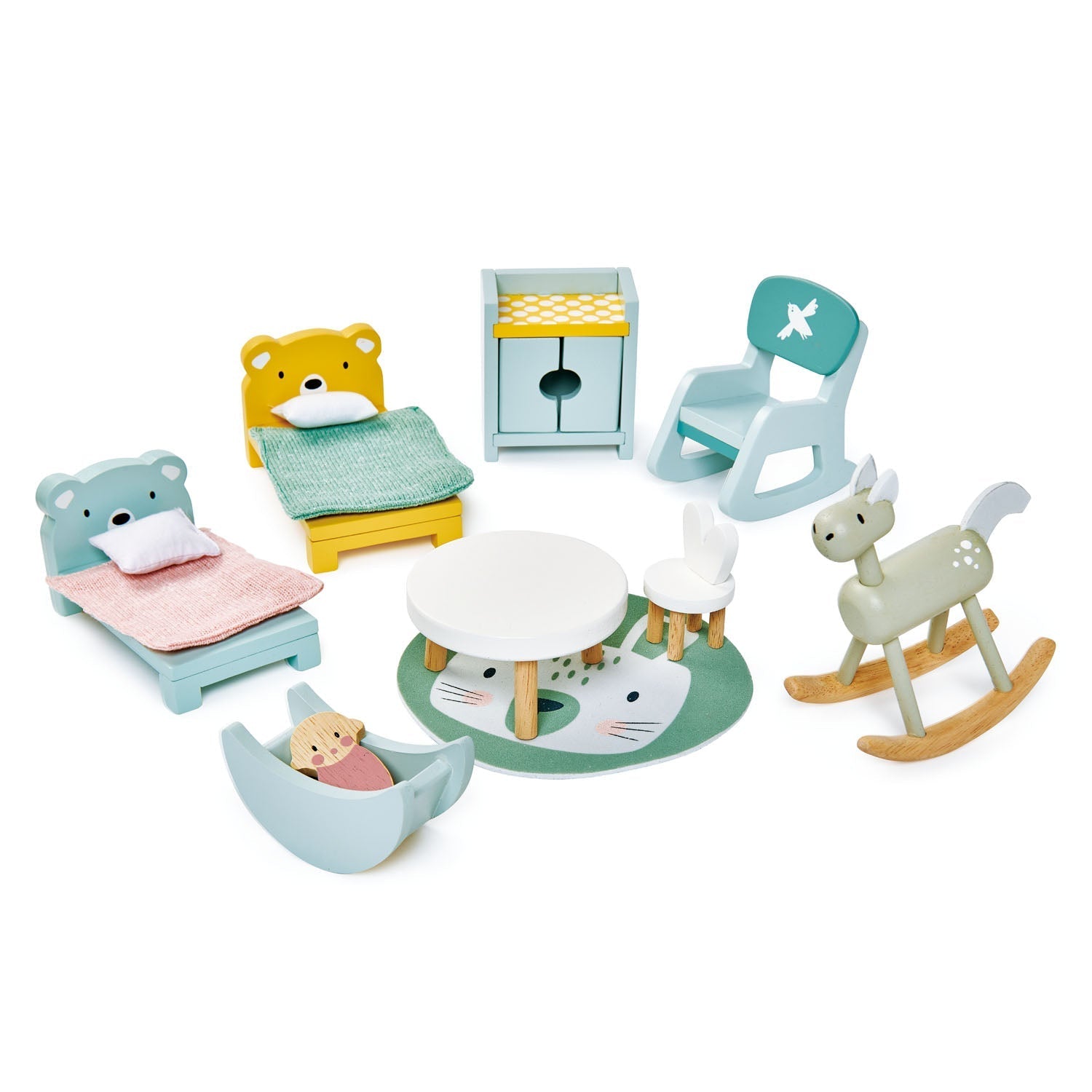 Set of wooden toys including chairs, table, and rocking deer on a white background