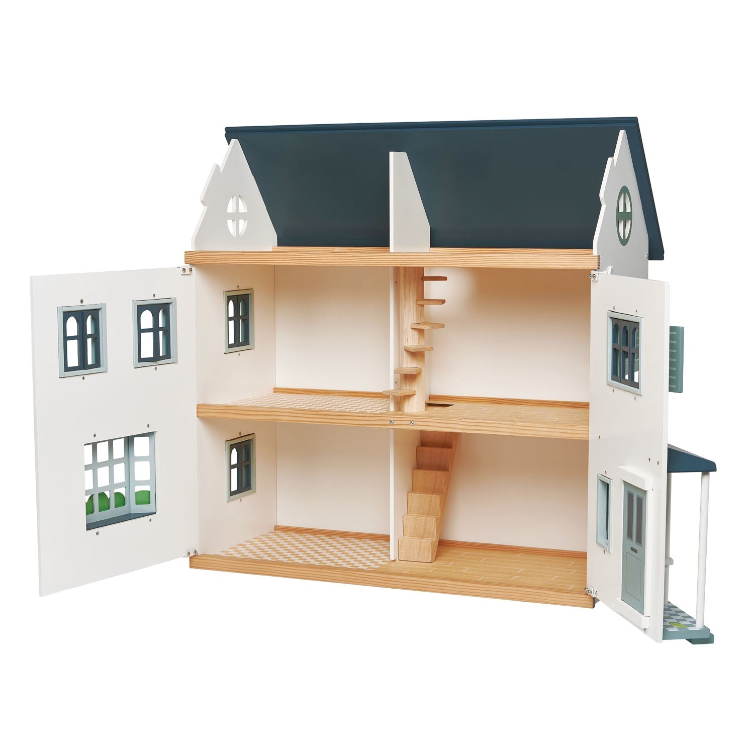 Wooden dollhouse with open front doors on a white background