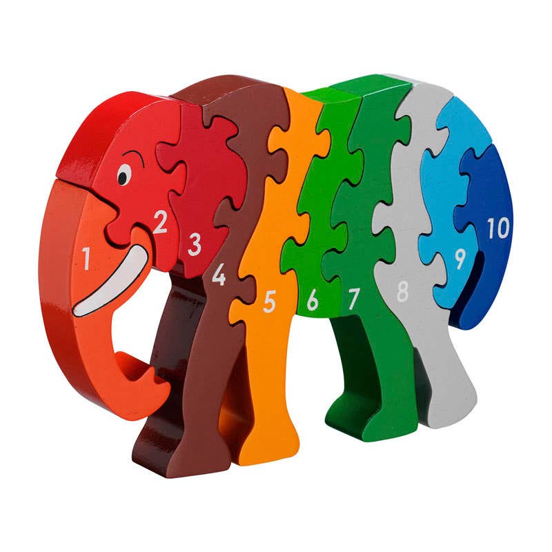 Colorful elephant puzzle with numbers on a white background