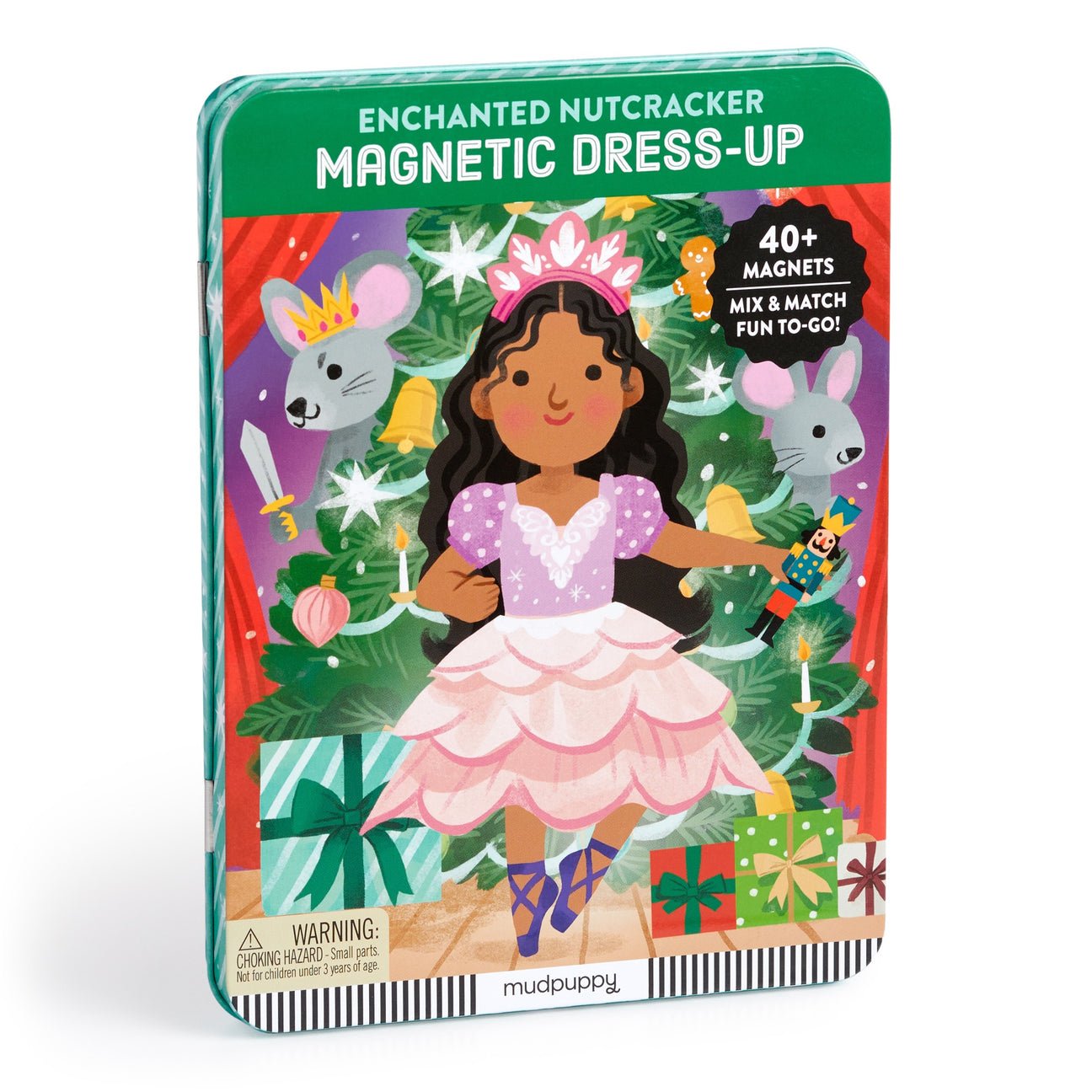 Mudpuppy Enchanted Nutcracker magnetic dress-up toy packaging with a girl in a pink dress and mouse character.