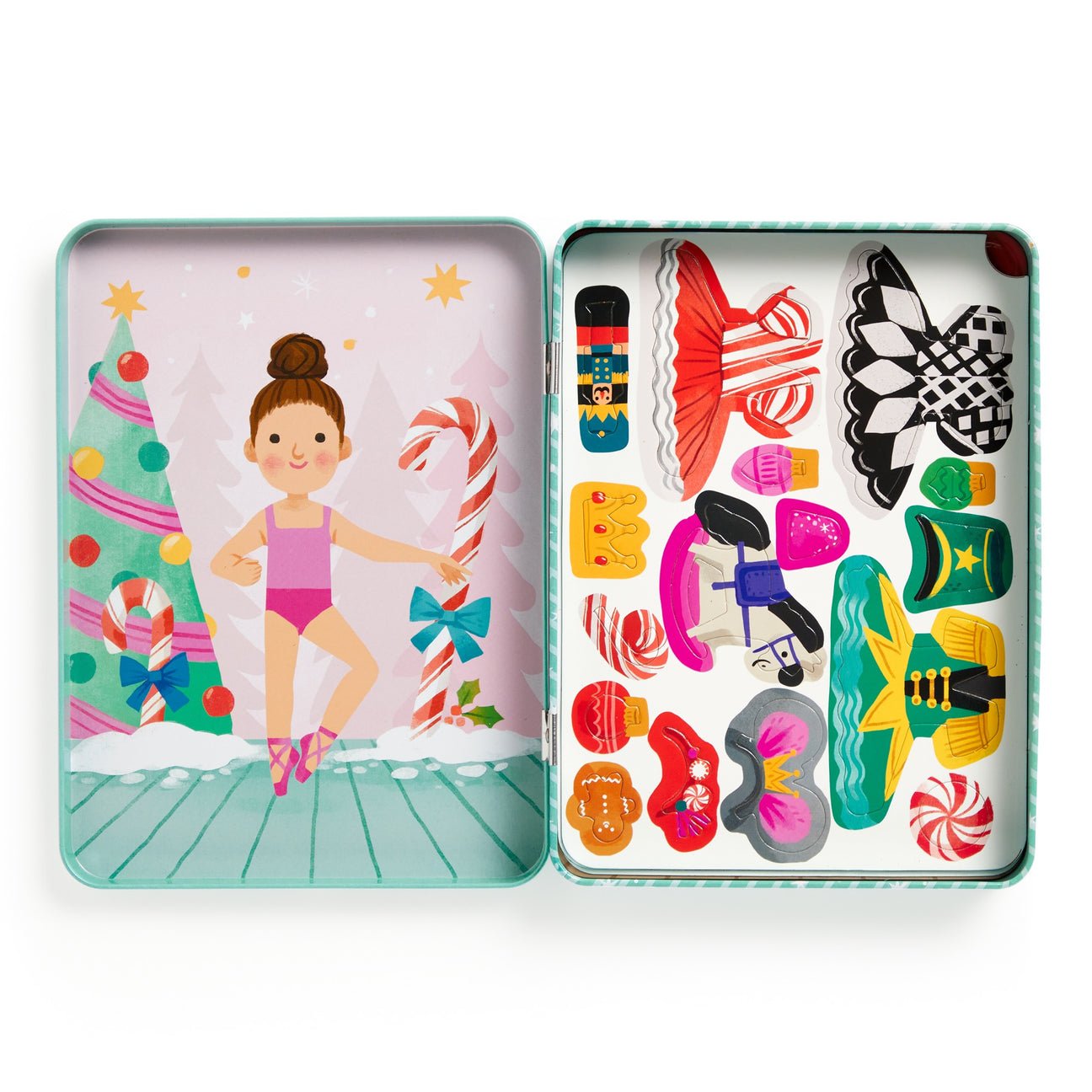 Colorful tin with a dancing girl illustration and various decorative items on a white background
