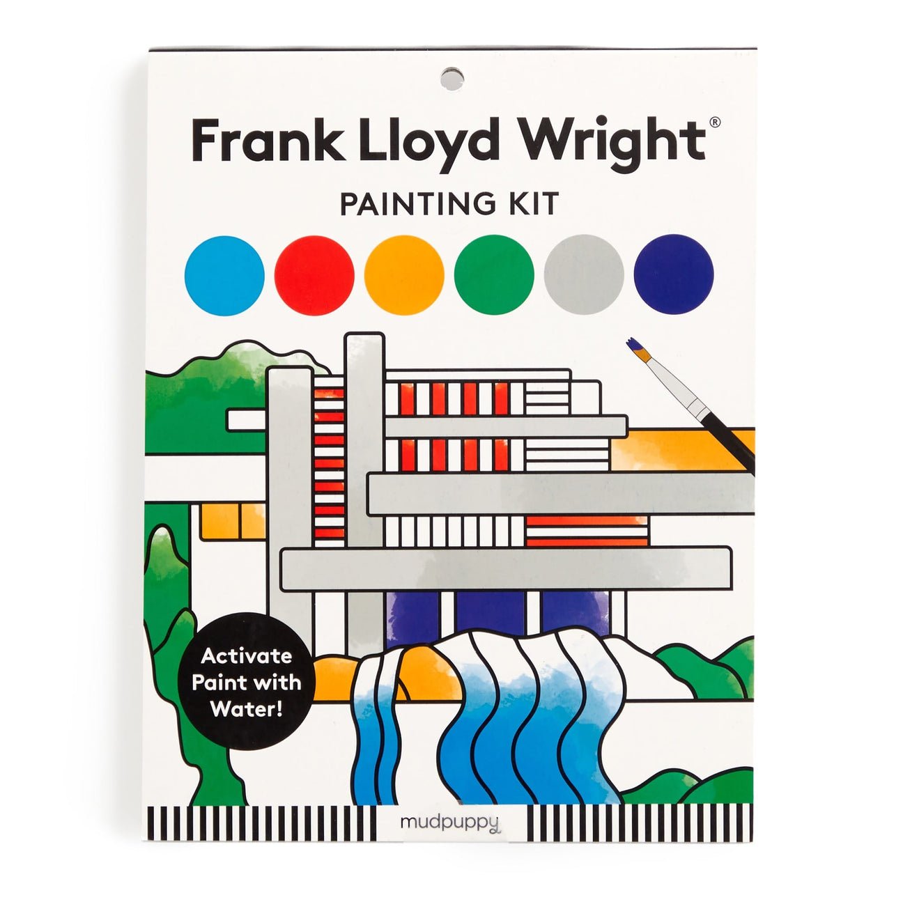 Frank Lloyd Wright painting kit packaging with color swatches and a brush illustration.