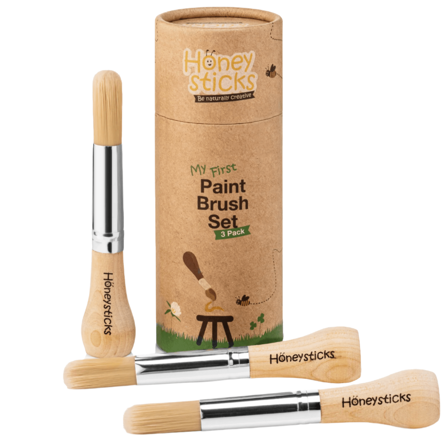 Honeysticks paint brush set with packaging on a white background