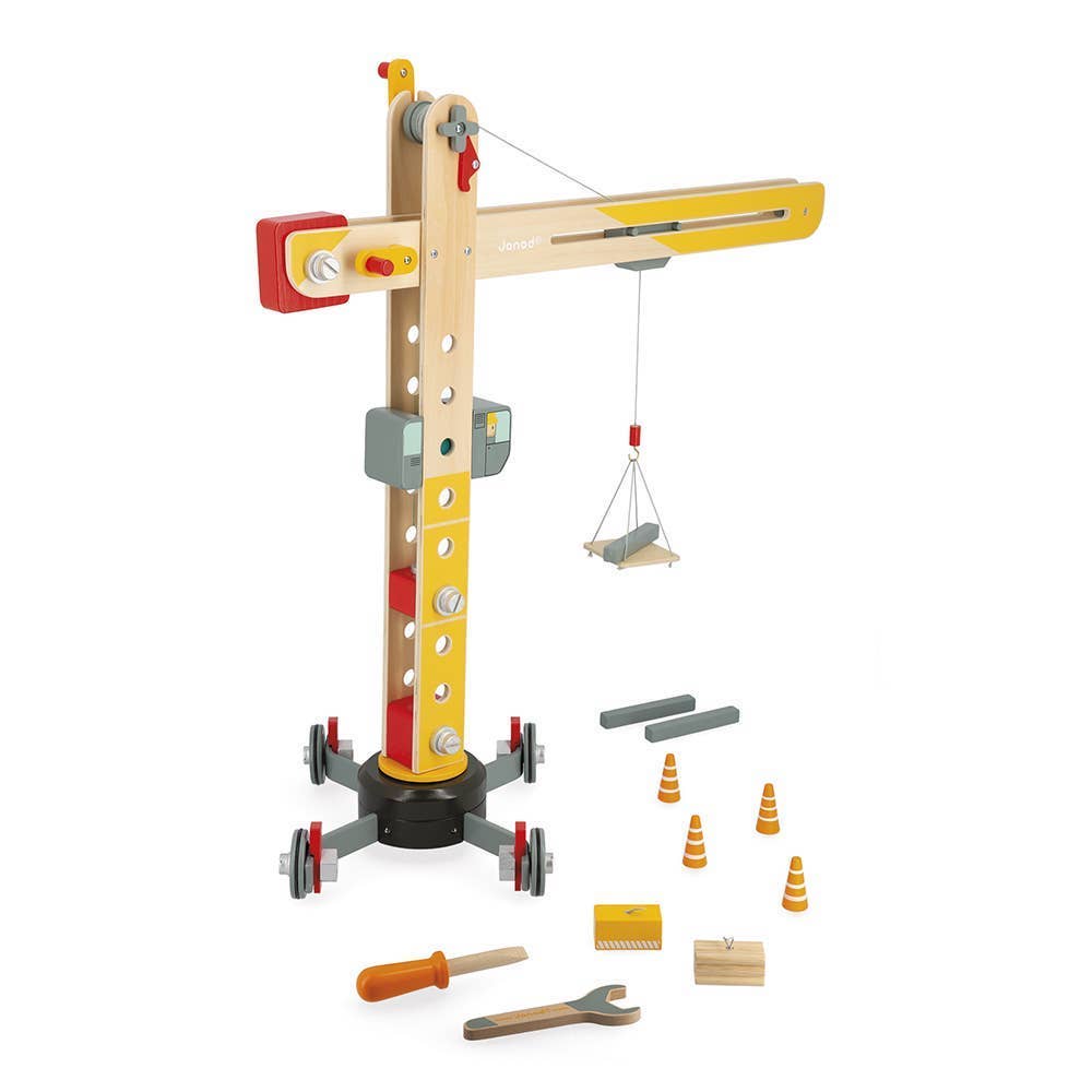 Wooden toy crane set with various attachments on a white background