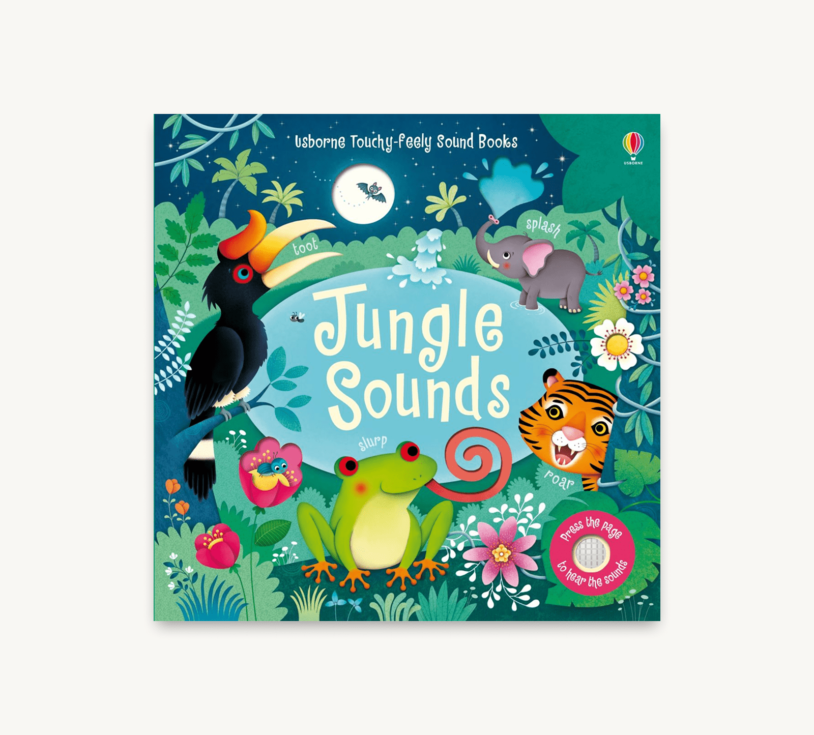 Children's book titled 'Jungle Sounds' with colorful illustrations of animals on a blue background.