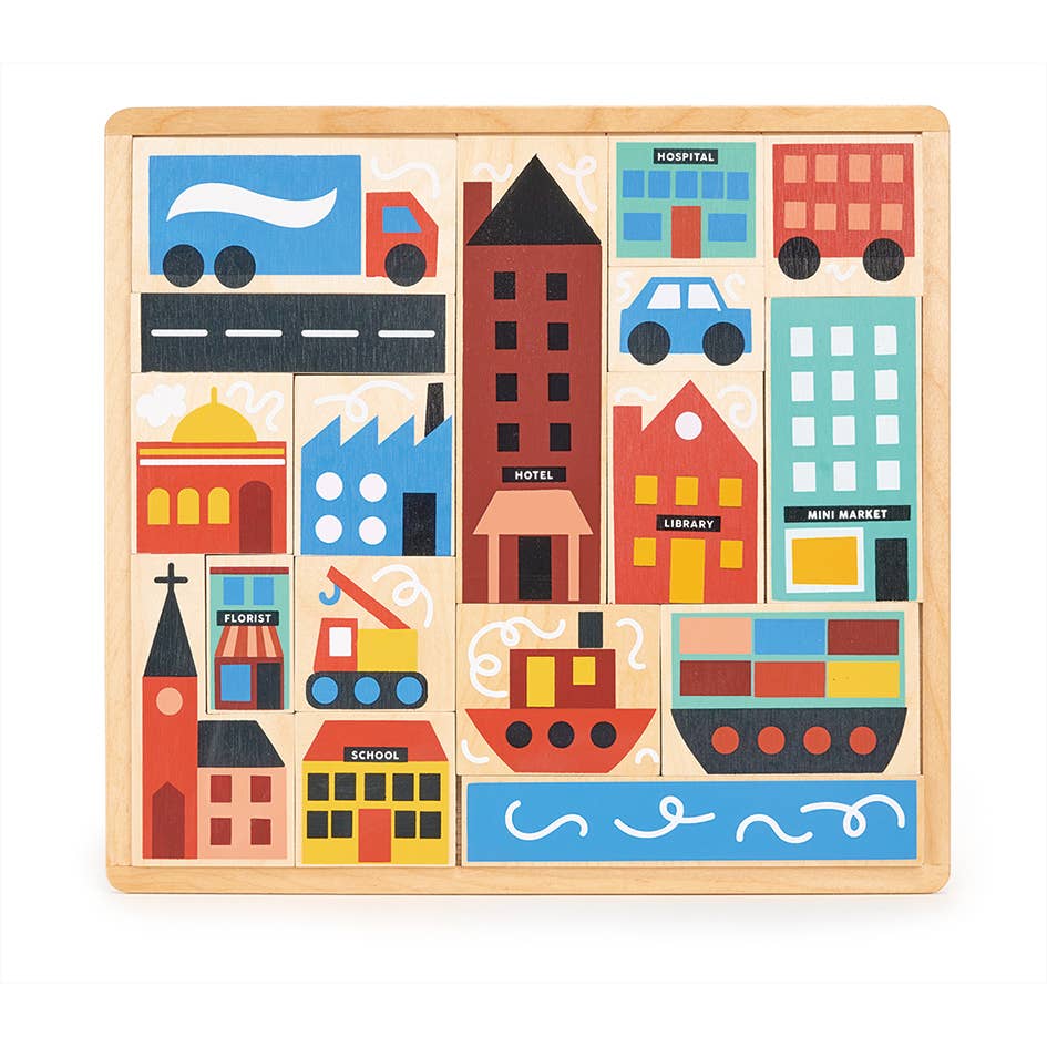 Wooden puzzle with colorful cityscape pieces on a white background