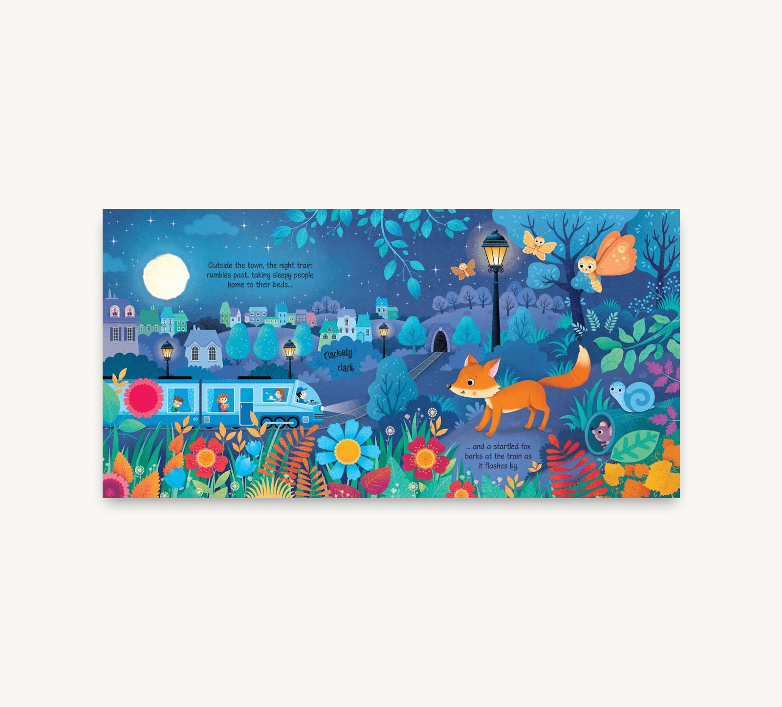 Colorful illustration of a fox and train in a forest at night