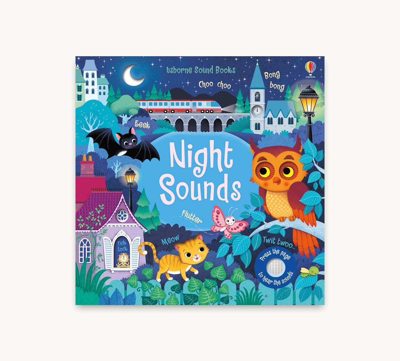 Children's book titled 'Night Sounds' with colorful illustrations on a white background