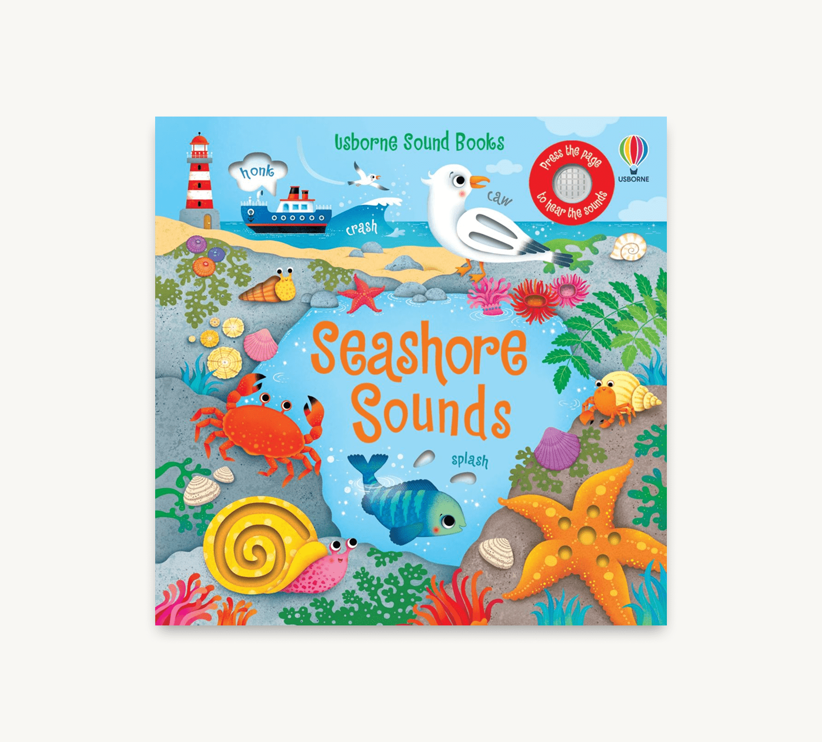 Book cover of 'Seashore Sounds' with colorful illustrations on a blue background