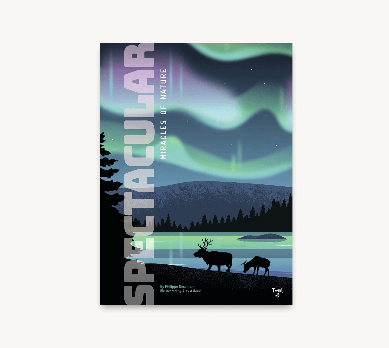 Book cover with Northern Lights and deer silhouette, titled 'Spectacular Miracles of Nature'.