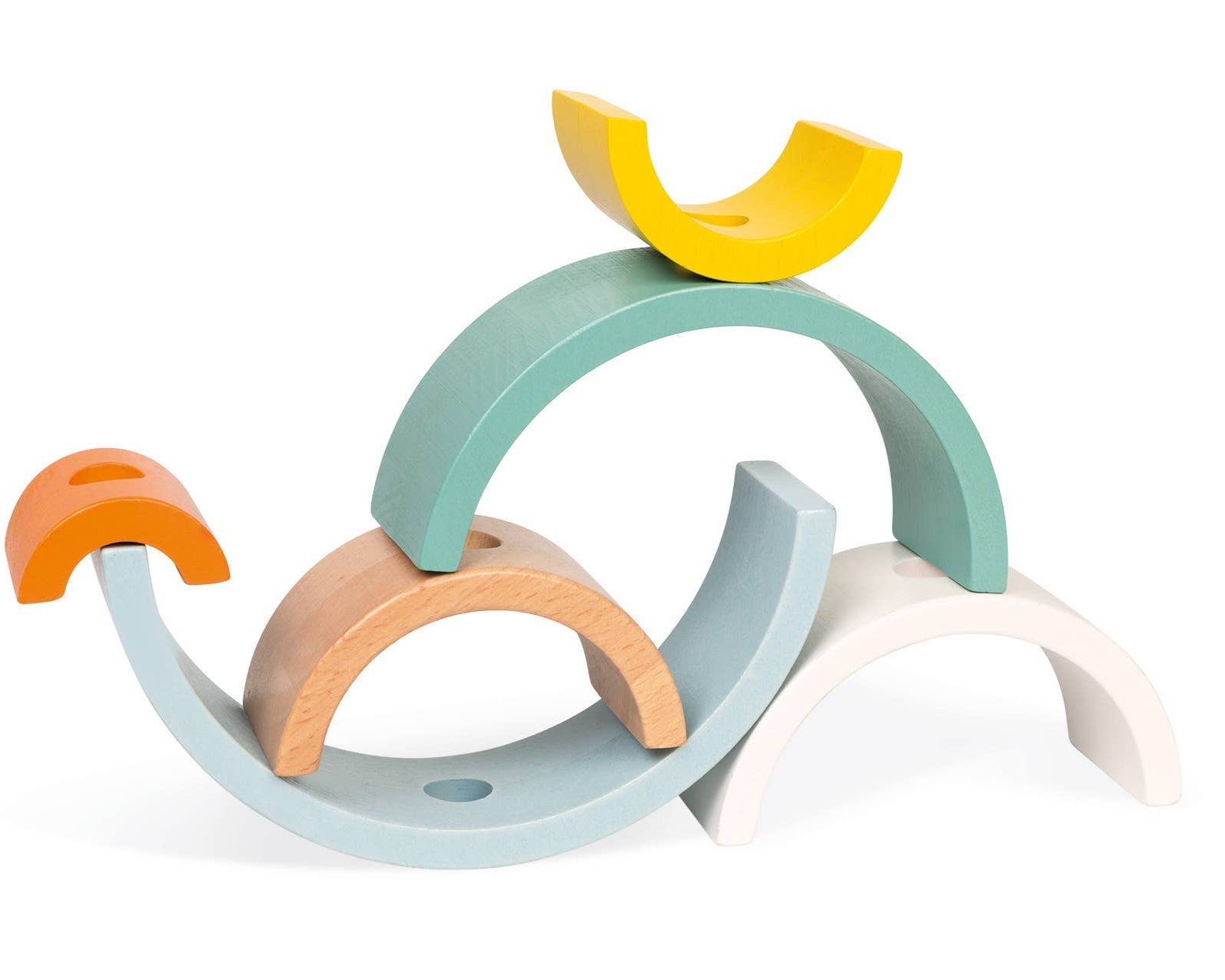 Colorful wooden toy with curved pieces on a white background