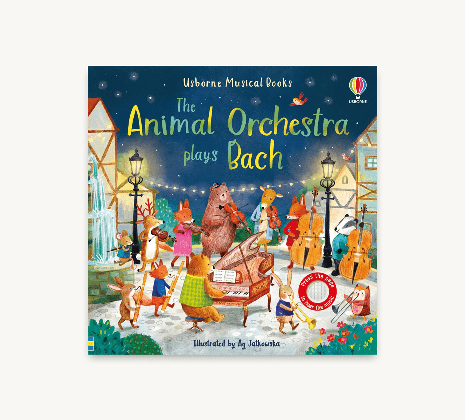 Book cover of 'The Animal Orchestra plays Bach' with colorful illustrations of animals playing instruments.