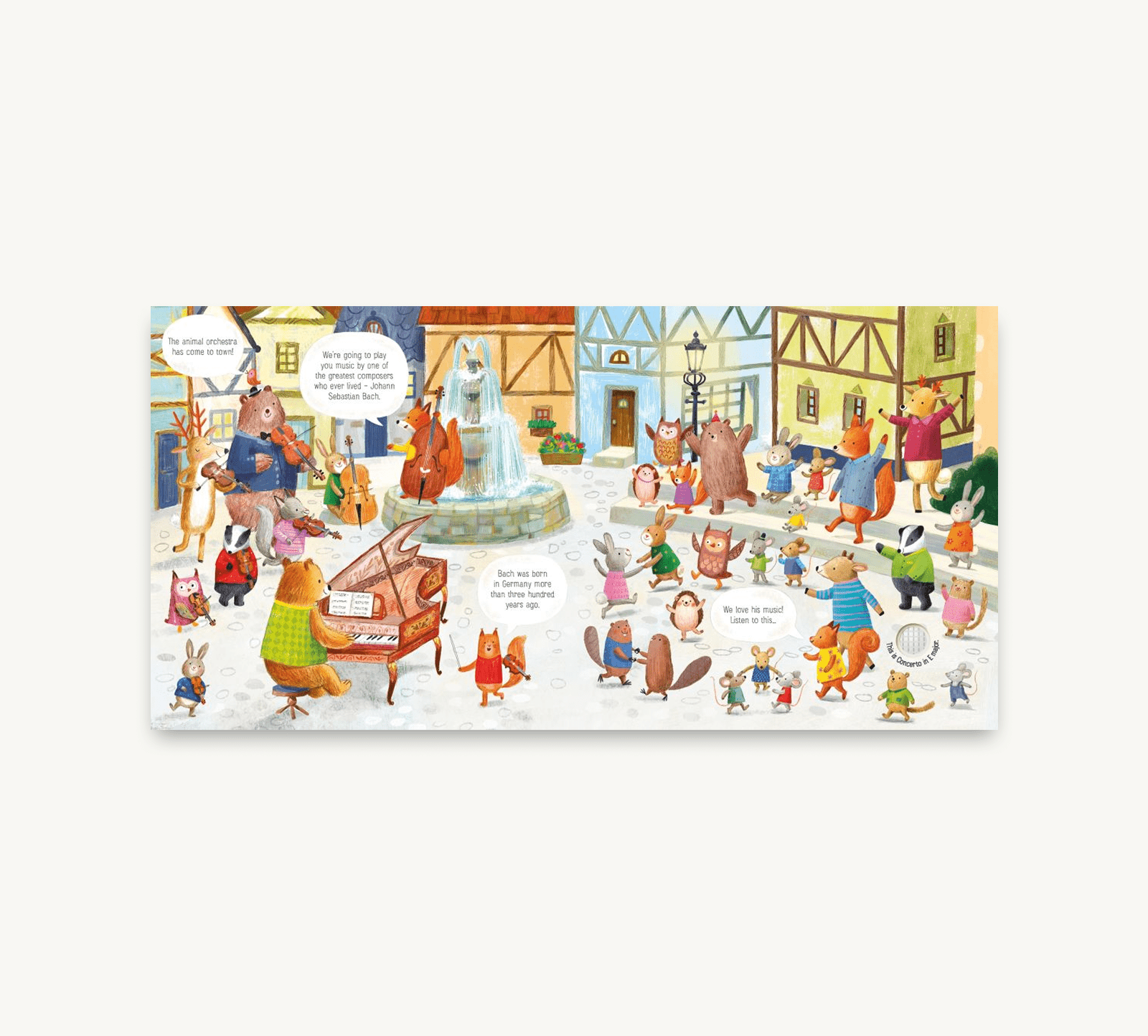 Illustrated book page with animal characters in a town square
