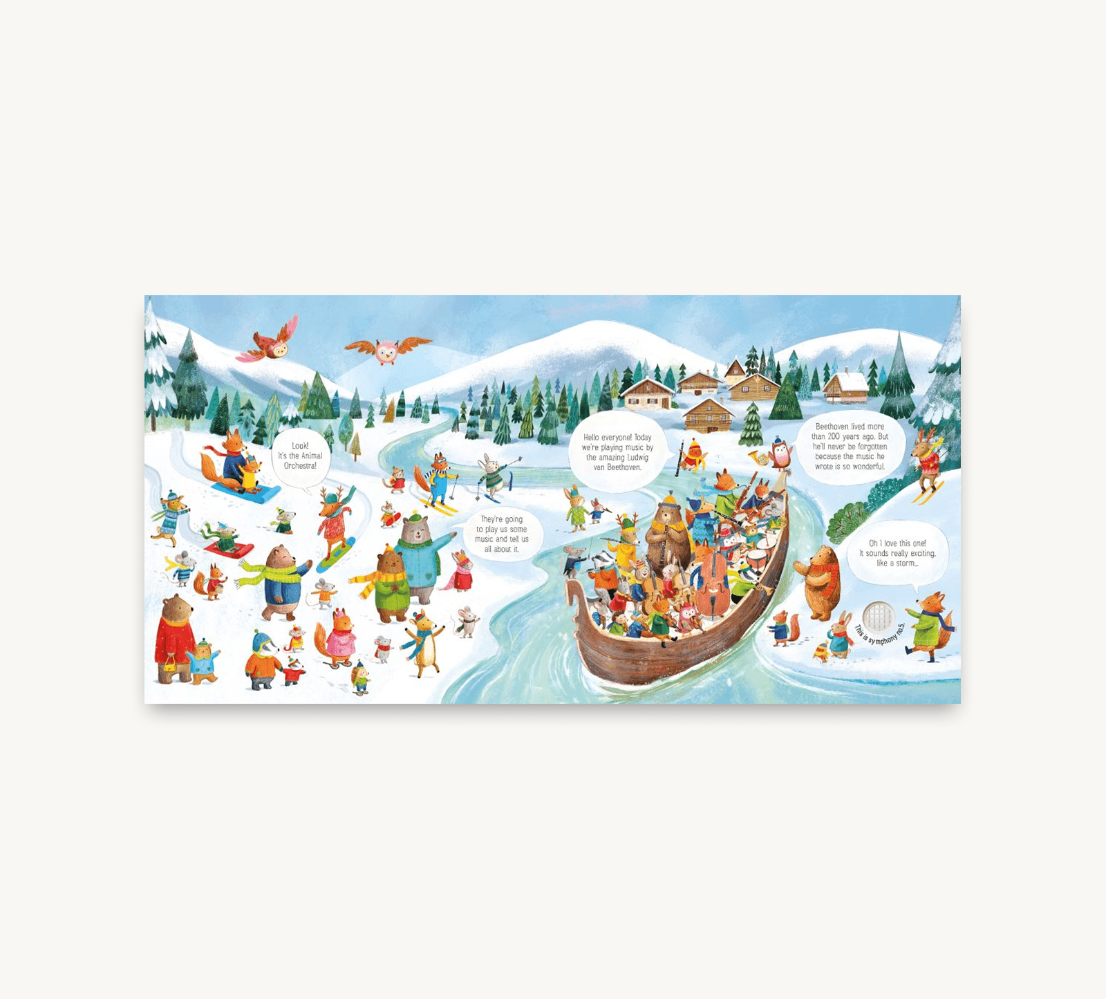 Illustrated book page with characters on a boat and snowy landscape