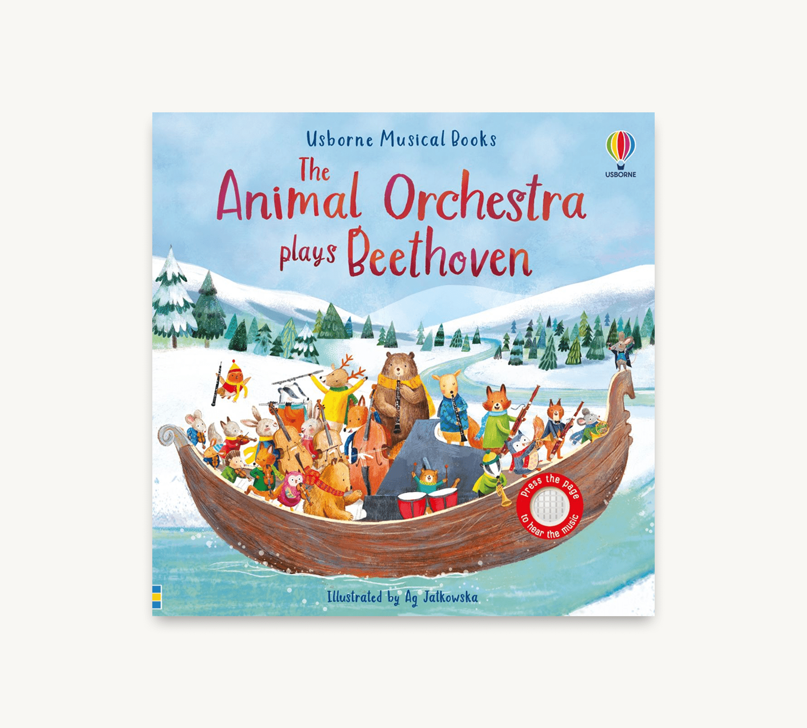 Book cover of 'The Animal Orchestra plays Beethoven' with colorful illustrations of animals playing instruments on a boat.