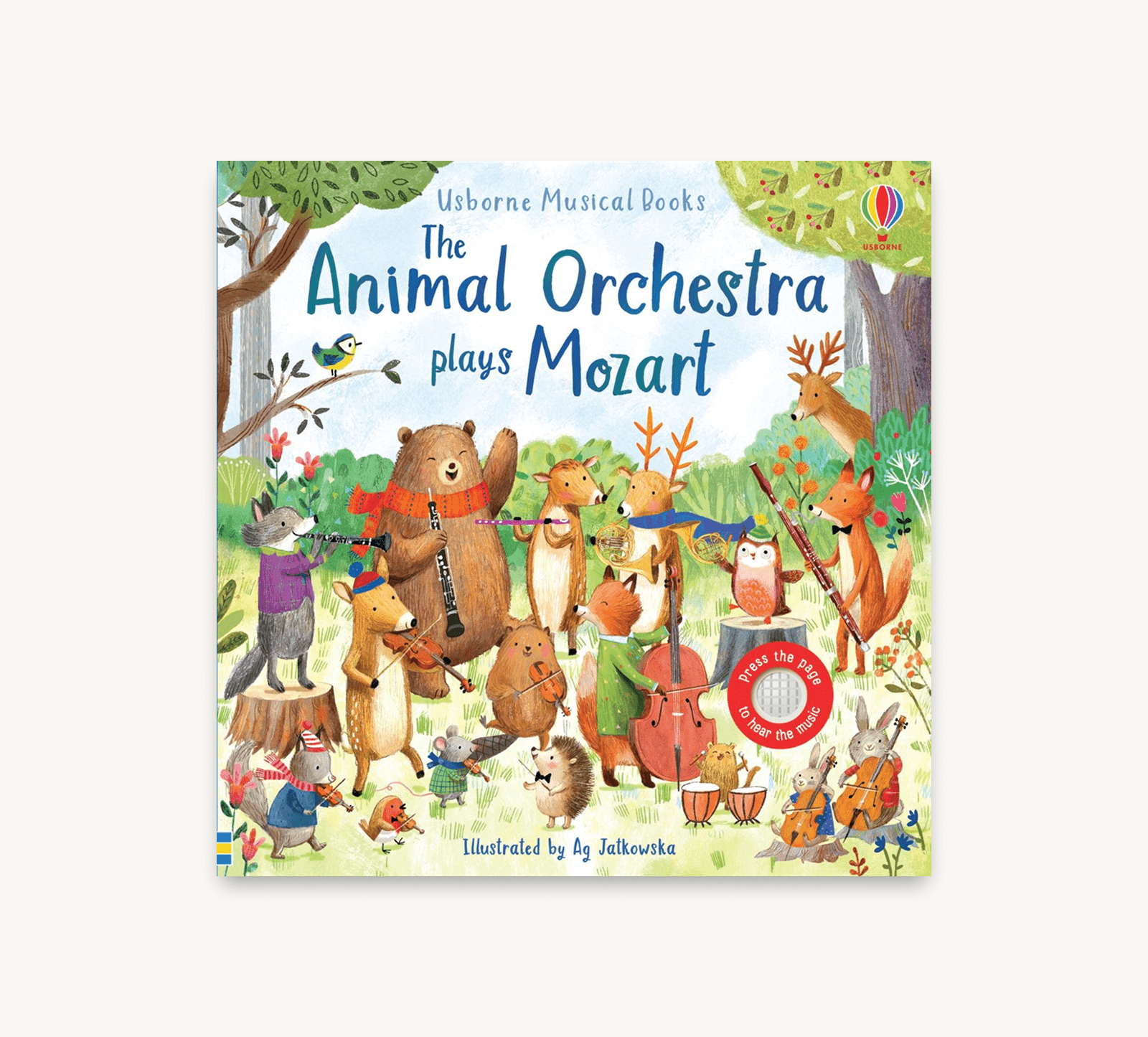 Book cover of 'The Animal Orchestra plays Mozart' with illustrated animals playing musical instruments in a forest setting.
