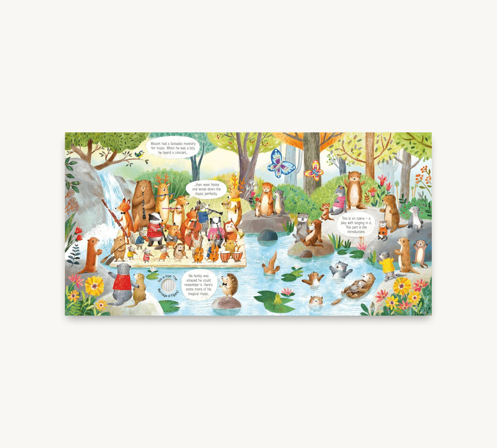 Illustrated scene with various animal characters around a pond in a forest setting.
