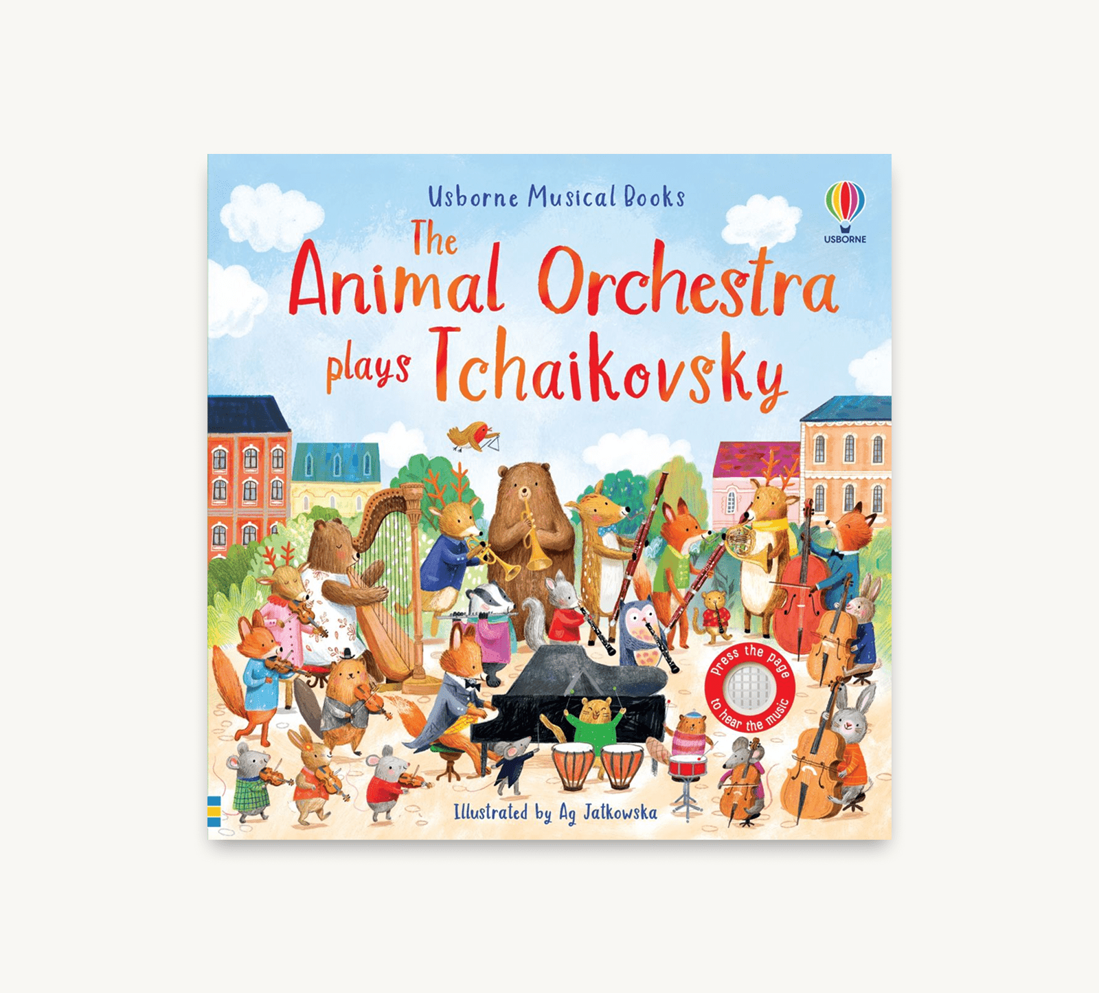 Book cover of 'The Animal Orchestra plays Tchaikovsky' by Usborne, featuring illustrations of animals playing instruments.