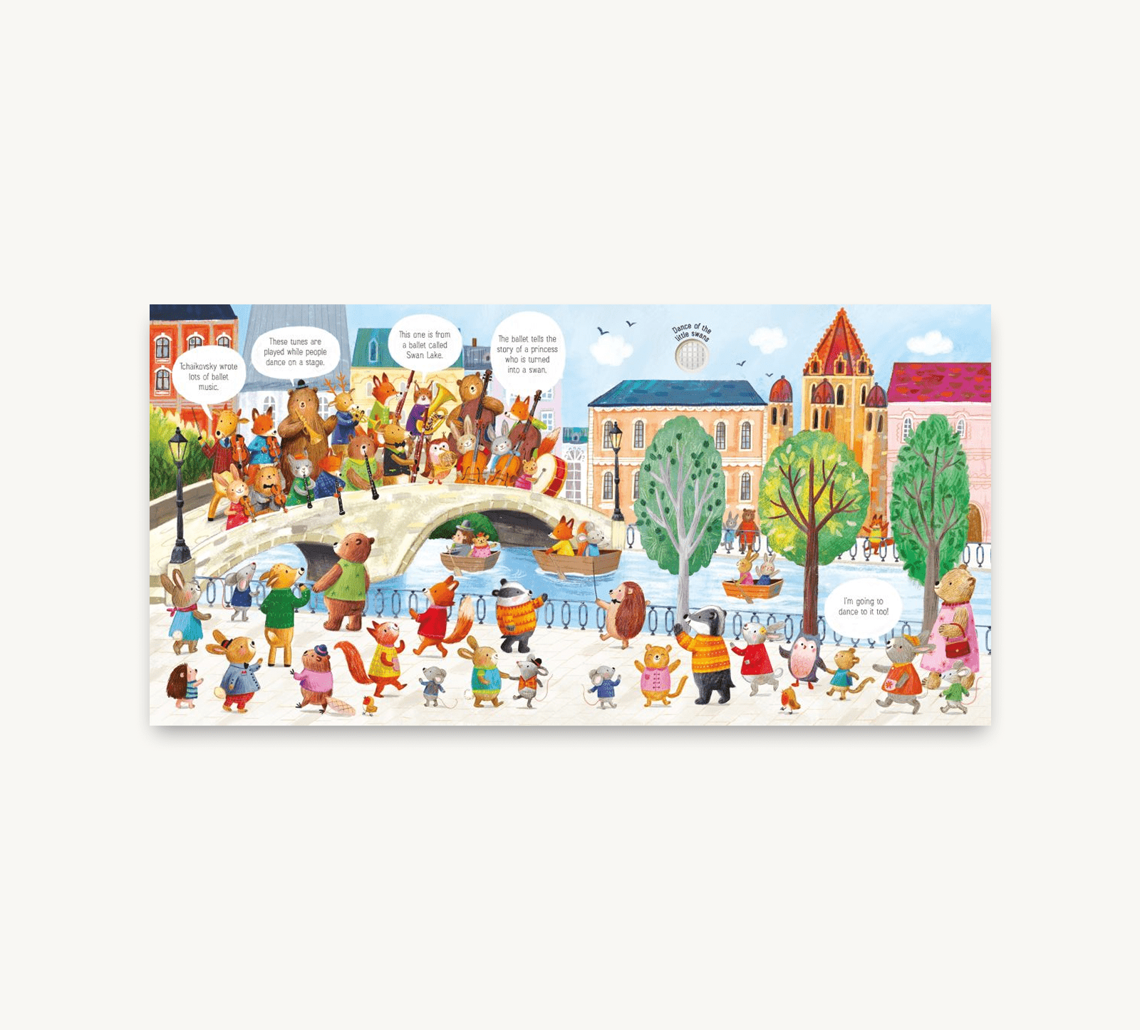 Illustrated scene with various characters in a town setting on a white background