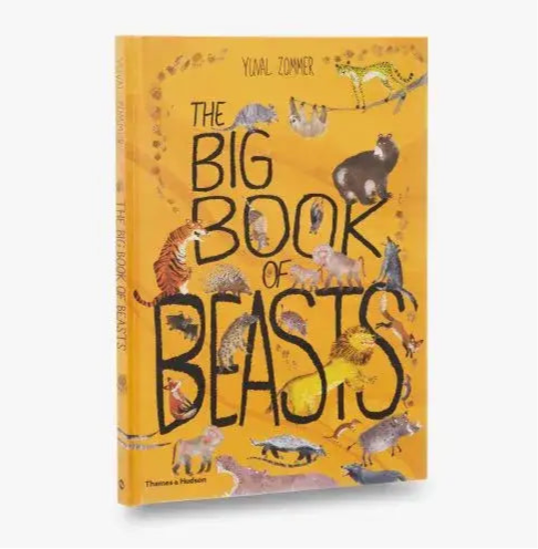 Book titled 'The Big Book of Beasts' with illustrations of animals on a yellow background