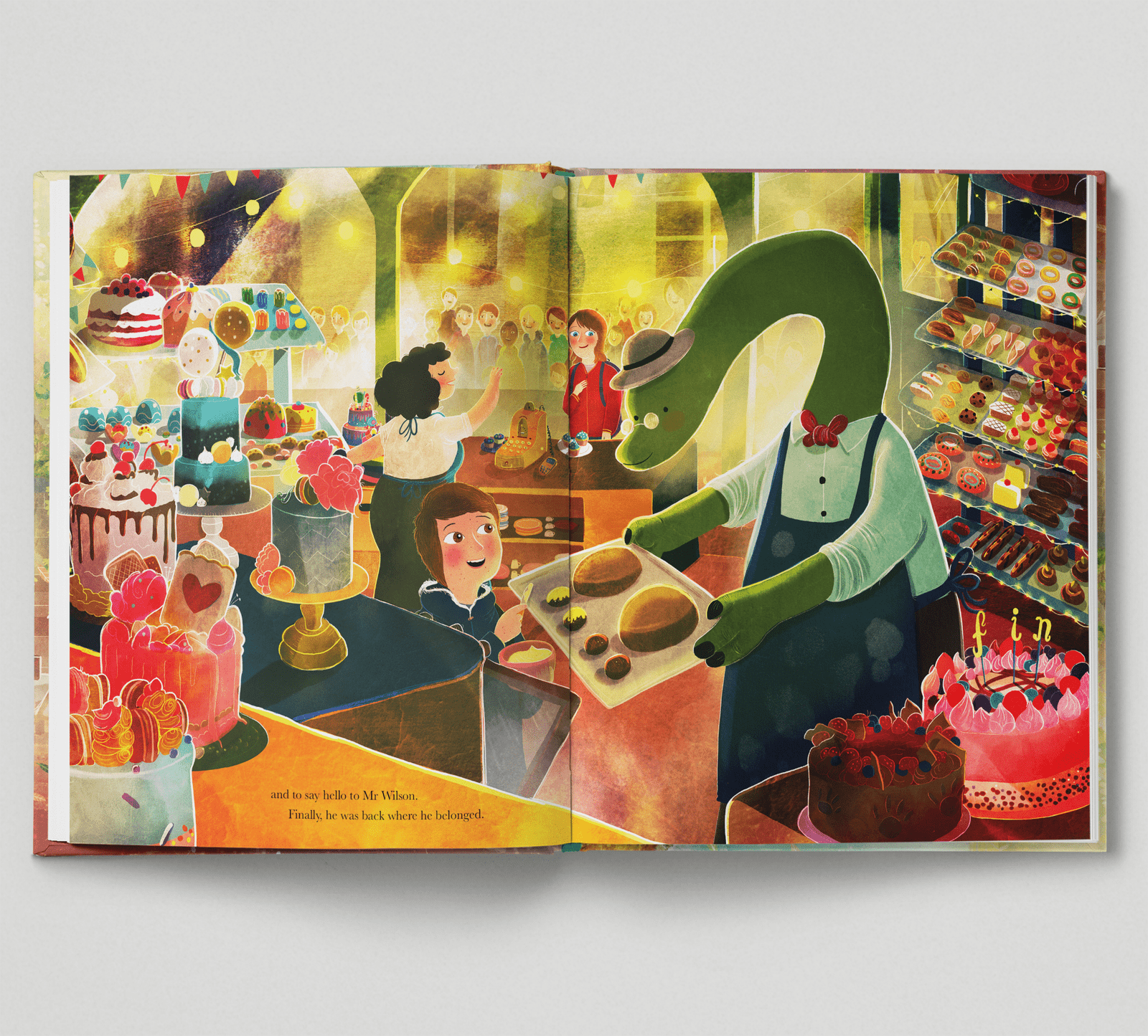 Illustrated book page with a dinosaur character in a bakery setting