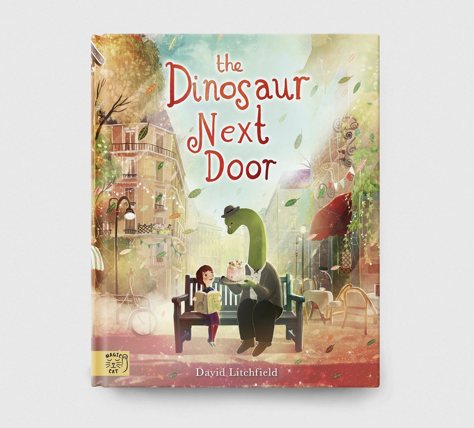 Book cover of 'The Dinosaur Next Door' with a colorful illustration of a dinosaur and a child.