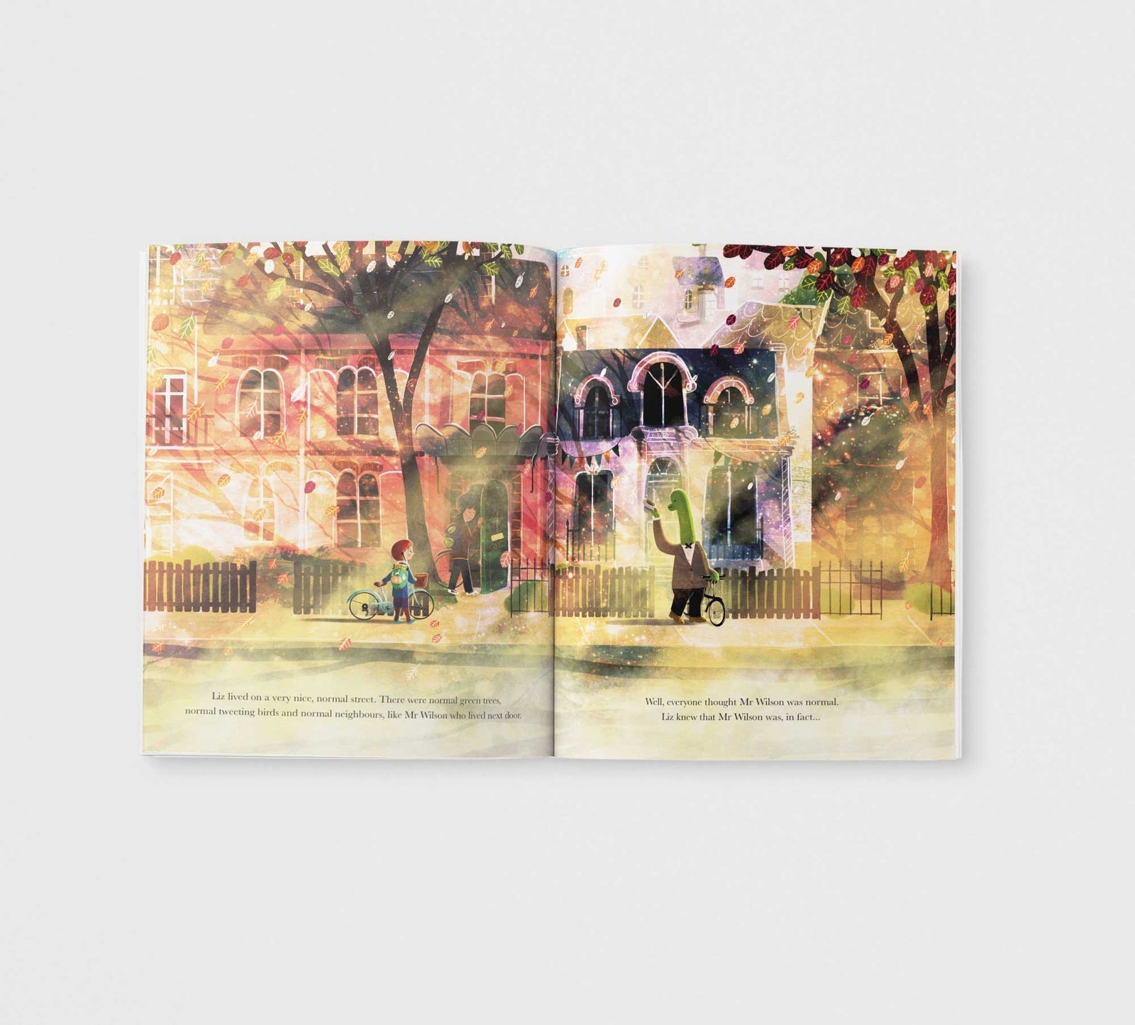 Illustrated book pages showing a scene with a man and child by a gate, with a building in the background.