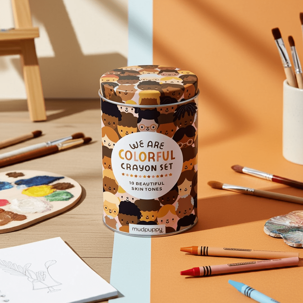 Crayon set in a decorative tin with art supplies on an orange background