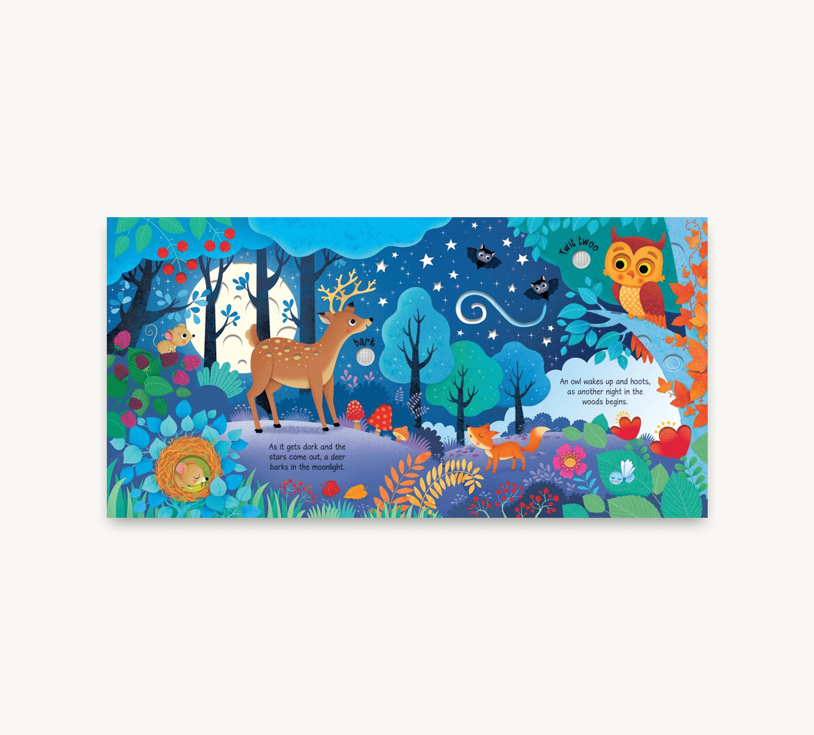 Colorful children's book page with a deer in a forest at night.