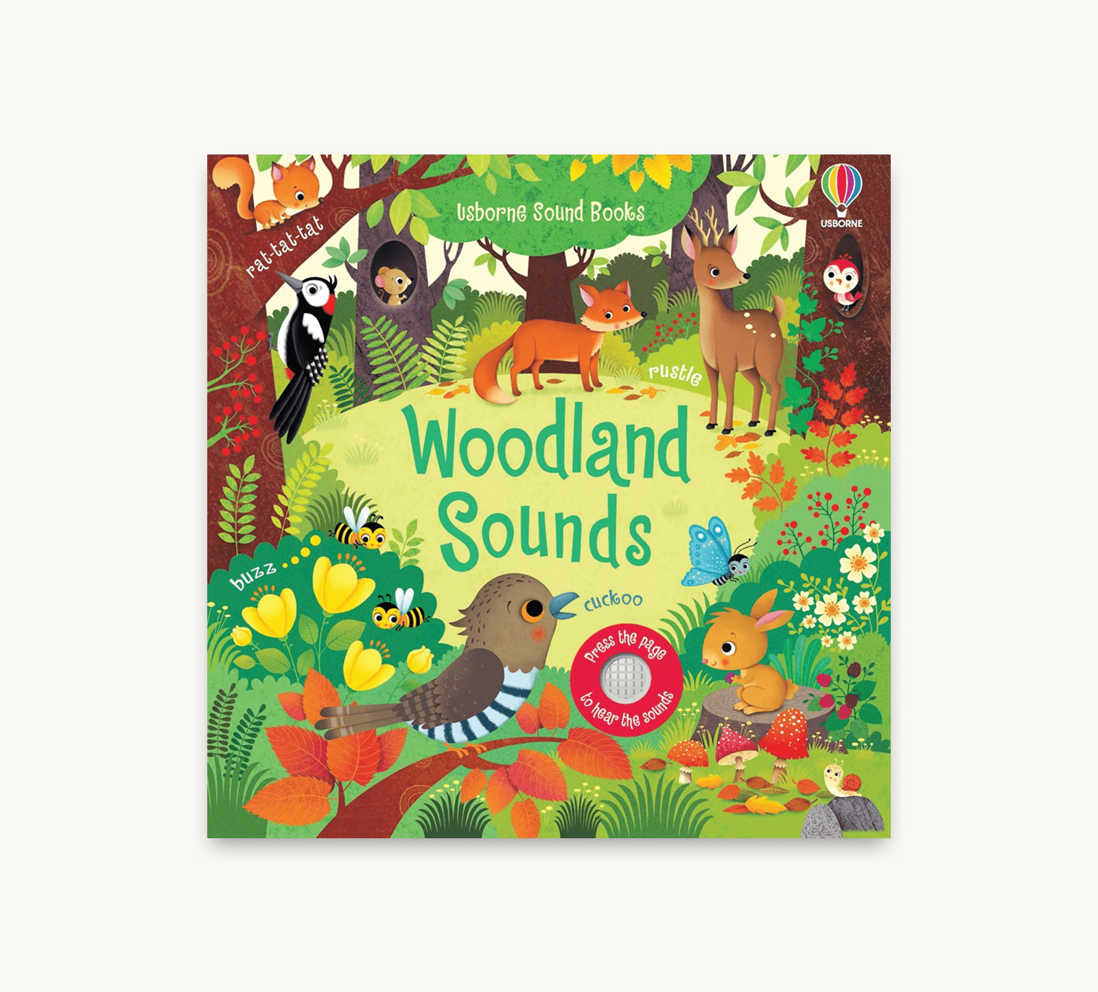 Children's book titled 'Woodland Sounds' with colorful illustrations of forest animals on a white background.