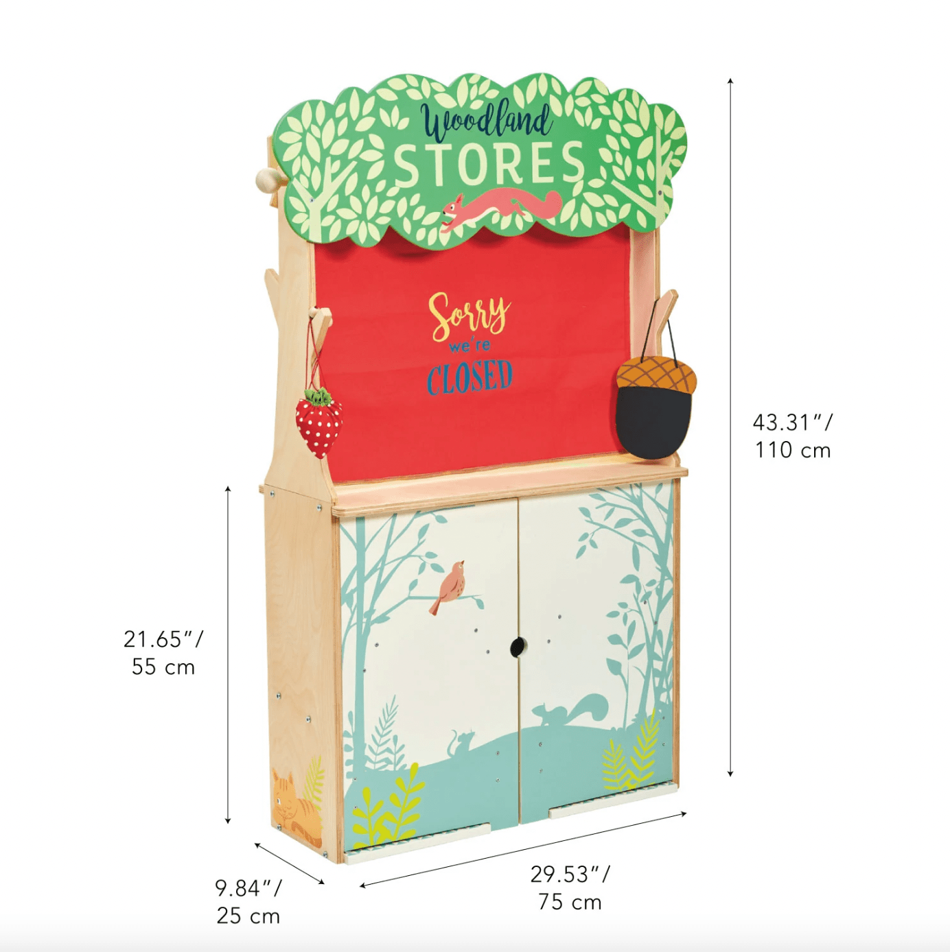 Wooden play store with a red sign and dimensions displayed
