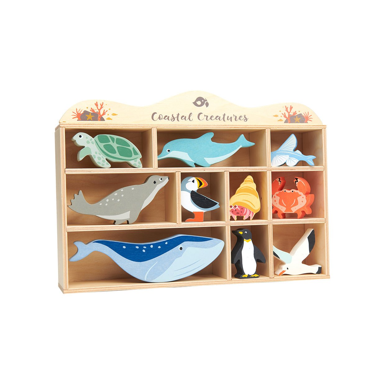 Wooden toy set with coastal creatures in a display case on a white background