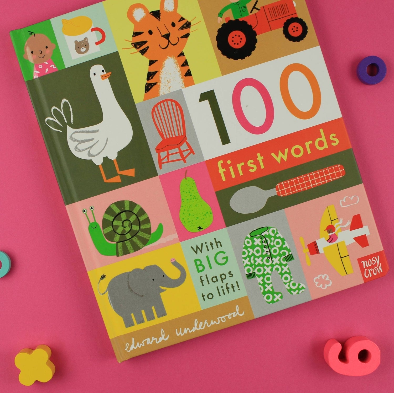 Children's book titled '100 First Words' with colorful illustrations on a pink background.