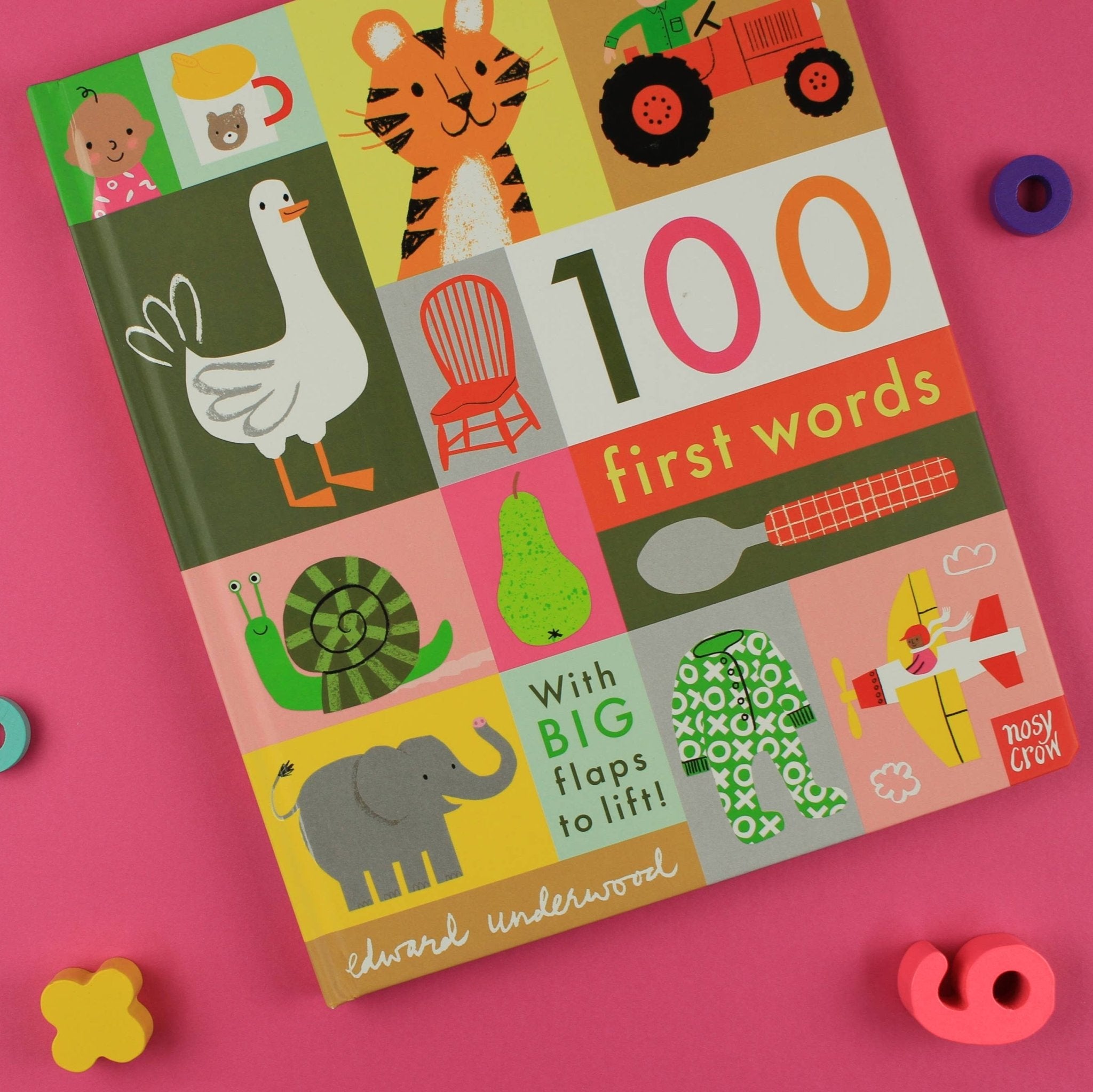 Children's book titled '100 First Words' with colorful illustrations on a pink background.