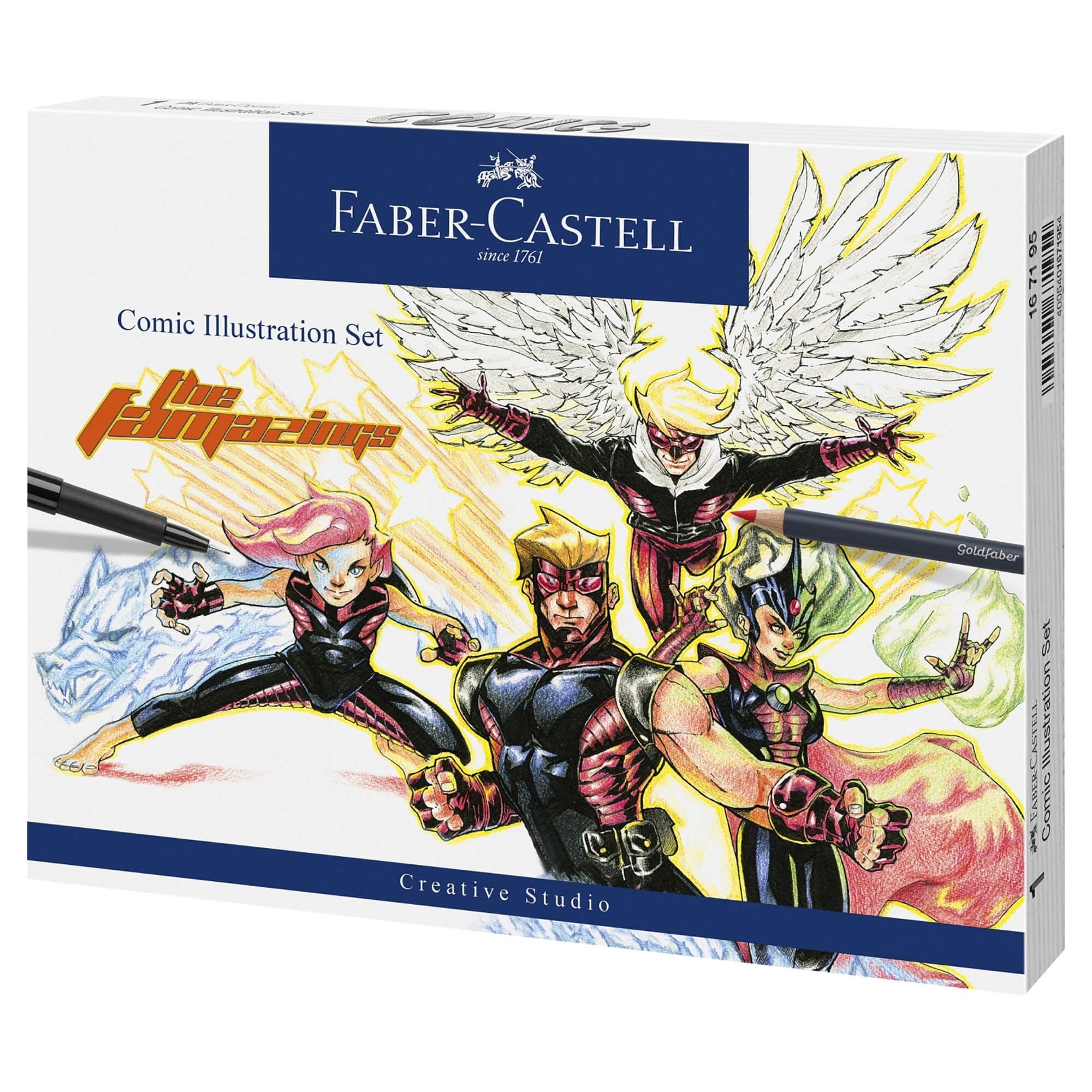 Faber-Castell comic illustration set packaging with superhero characters on a white background