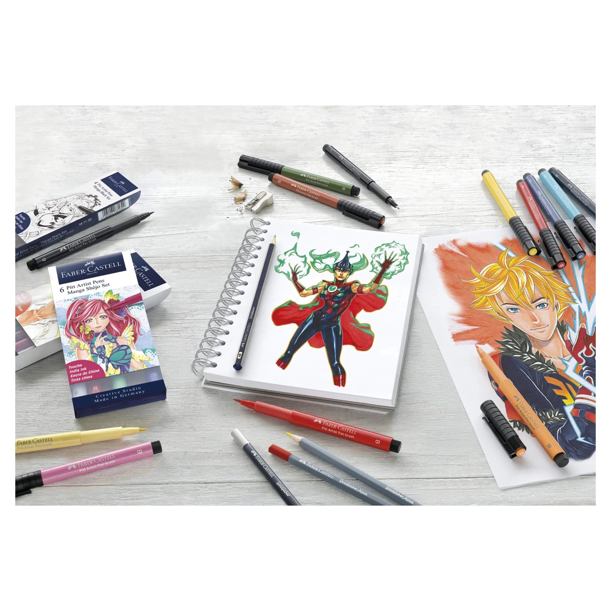 Coloring books and markers on a white surface